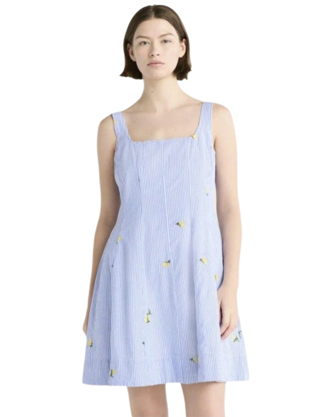 Free Assembly Lined Cotton Mini Dress with Lemons and Blue and White Stripes